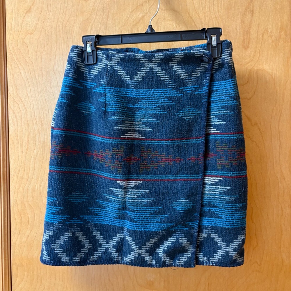 Tracy Evans Wrap Skirt Women 9 Blue Southwestern Geometric Wool Blend Vintage